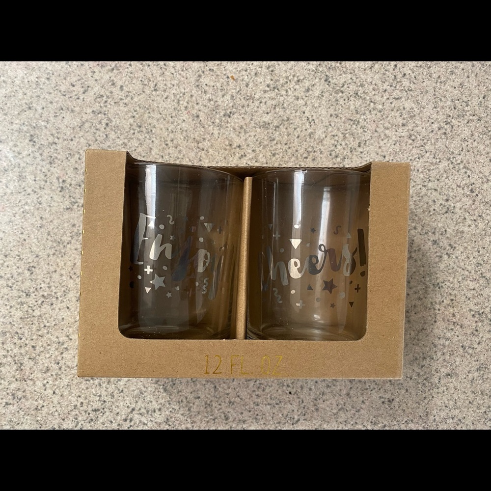 Silver Rimmed Rocks Glasses “Cheers” and “Enjoy” TMD Holdings